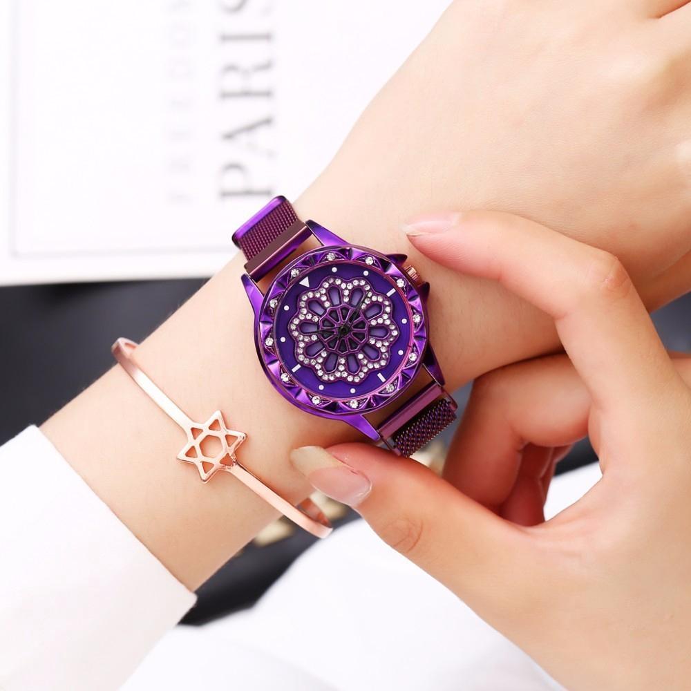 Đồng hồ đeo tay mặt hoa tròn xoay 360 độ chống thấm bằng thép không gỉ sang trọng cho nữ