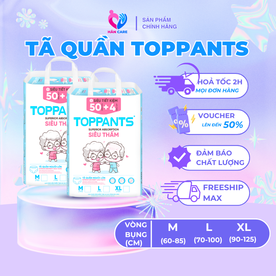 Tã/Bỉm Quần người lớn TOPPANTS Siêu Thấm, Chống Trào, Kháng Khuẩn Size M/L/XL (54 Miếng)
