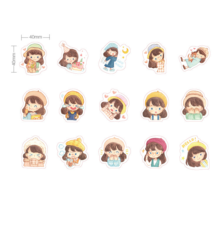 Sticker hộp 45 miếng dán - Cô Bé Mũ Hồng - Hộp nhãn dán trang trí sổ tay bullet journal - M048