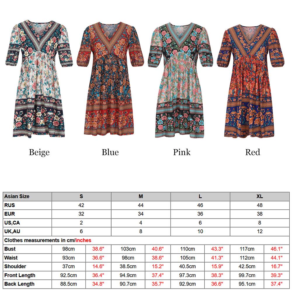 Women Ruffle Floral Flowy Boho Dress Half Sleeves V-Neck Holiday Summer Beach Dress Blue L