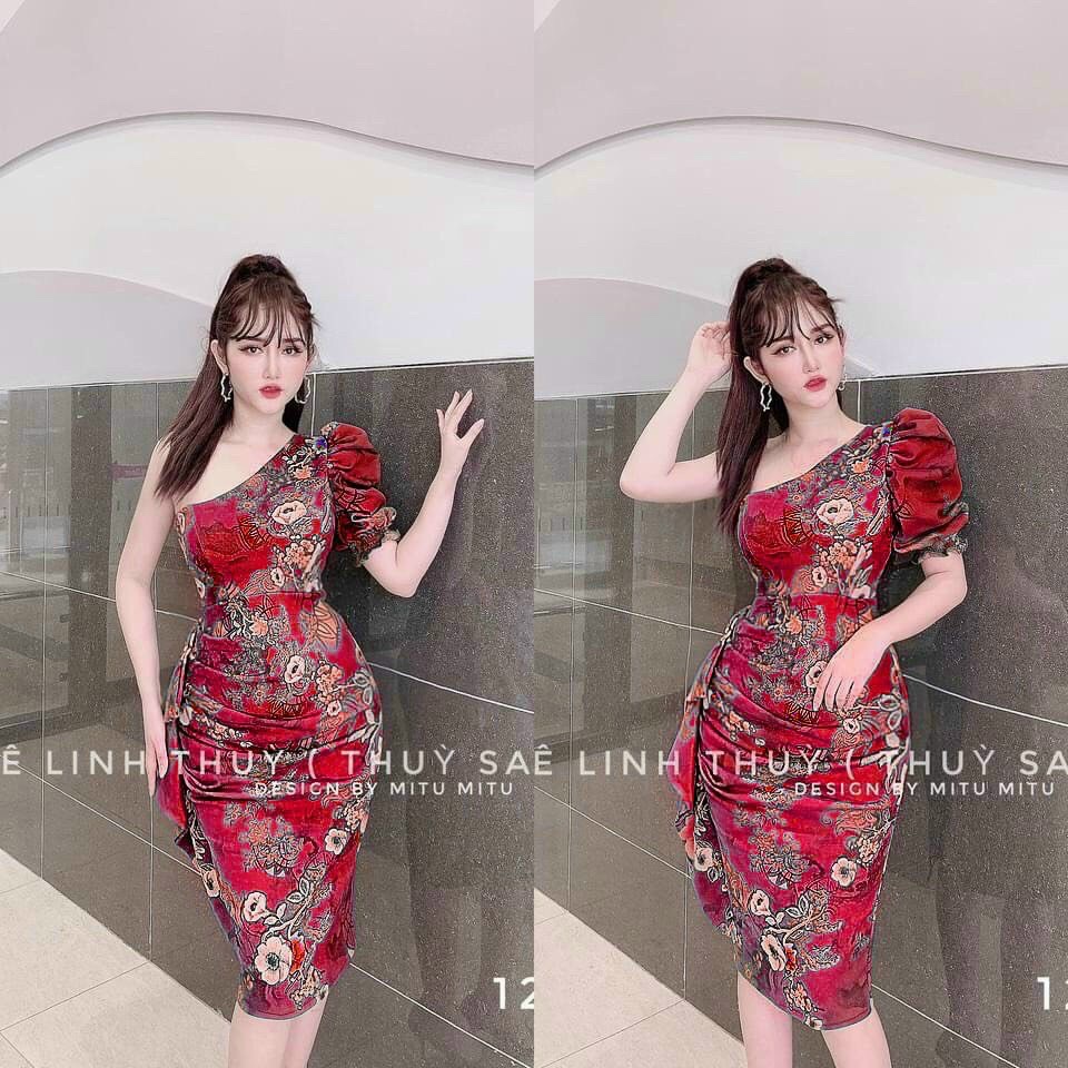 Đầm body lệch vai tay phồng nữ tính