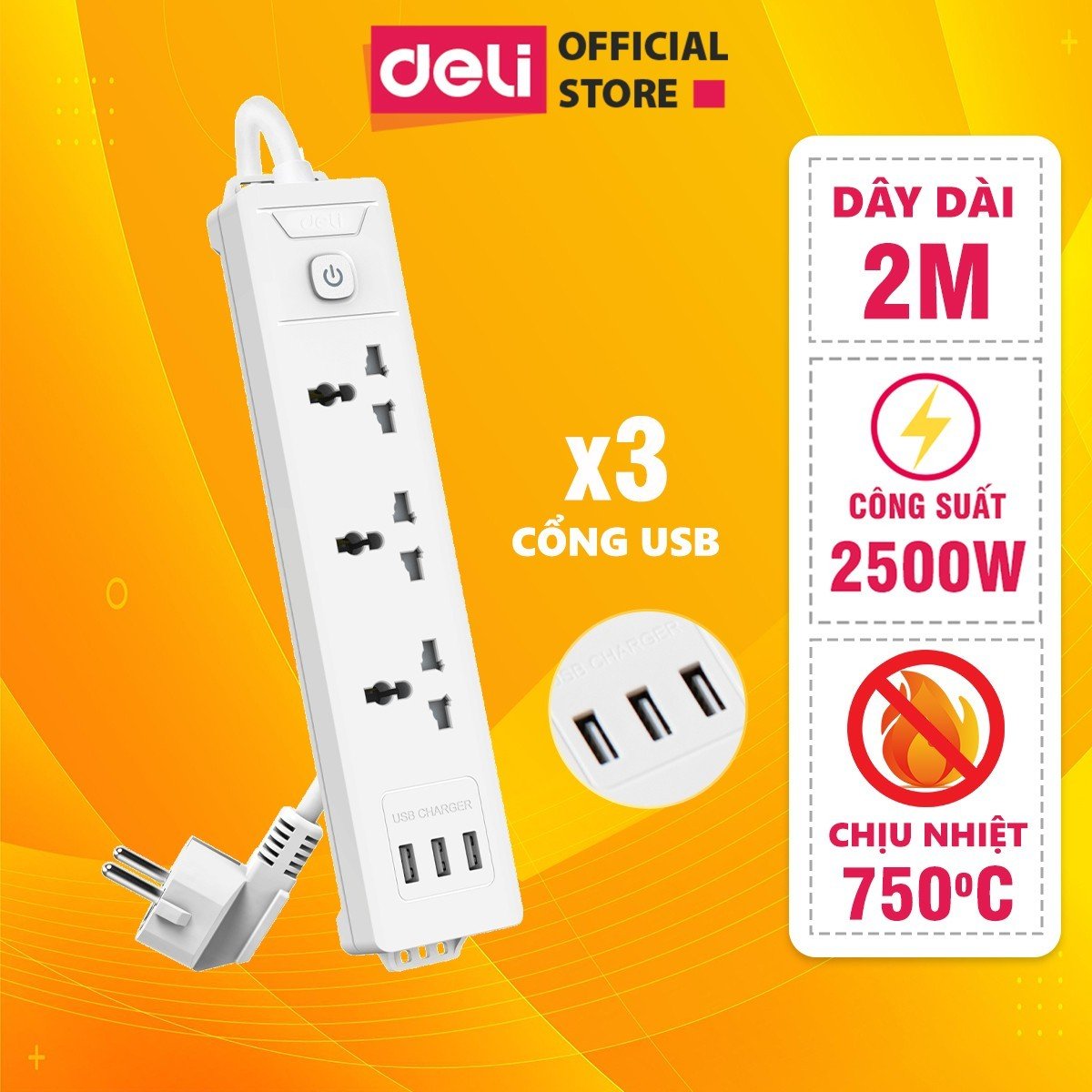 Ổ Cắm Điện Đa Năng Kèm Cổng Usb Có Công Tắc Chống Giật Chống Cháy Chất Lượng Cao Deli - Hàng Chính Hãng - Et407 408 - 3 Ổ Điện 3 Ổ Usb
