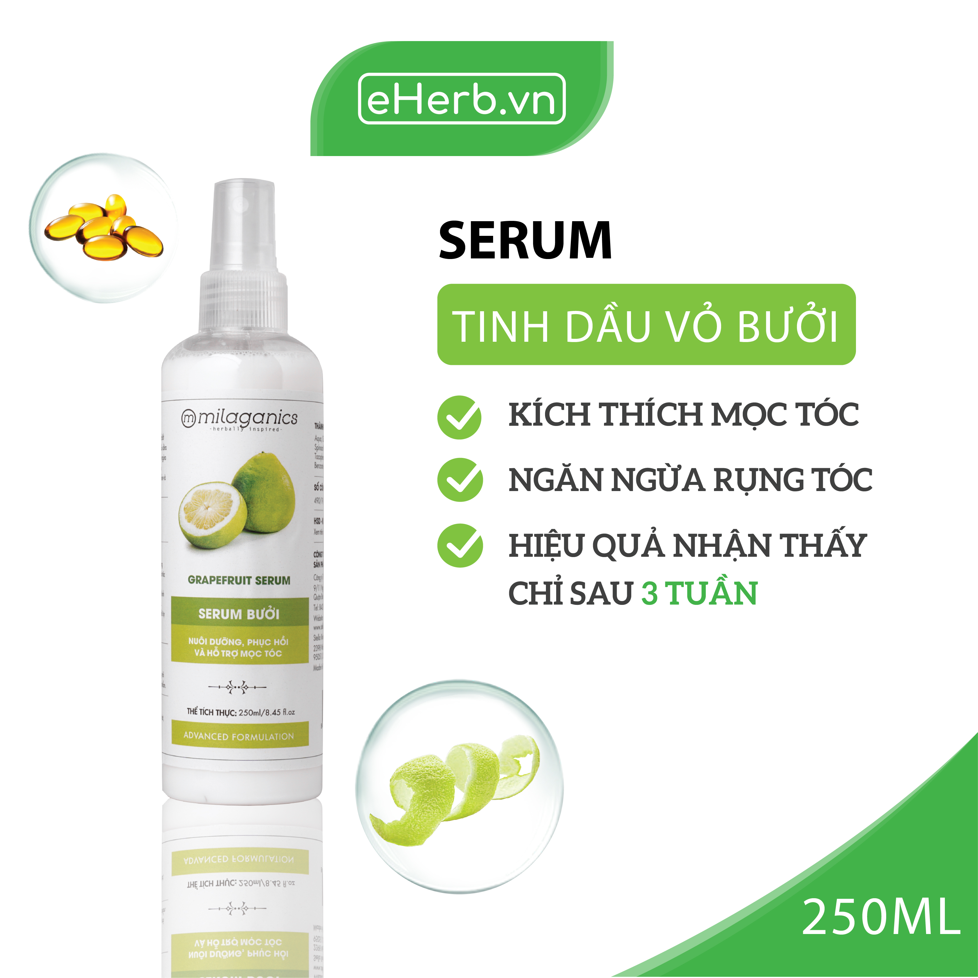 Bộ 4 Sản Phẩm Kích Thích Mọc Tóc Từ Tinh Dầu Bưởi: Dầu Gội, Dầu Xả, Kem Ủ &amp; Serum Bưởi MILAGANICS (850ml/ Bộ)