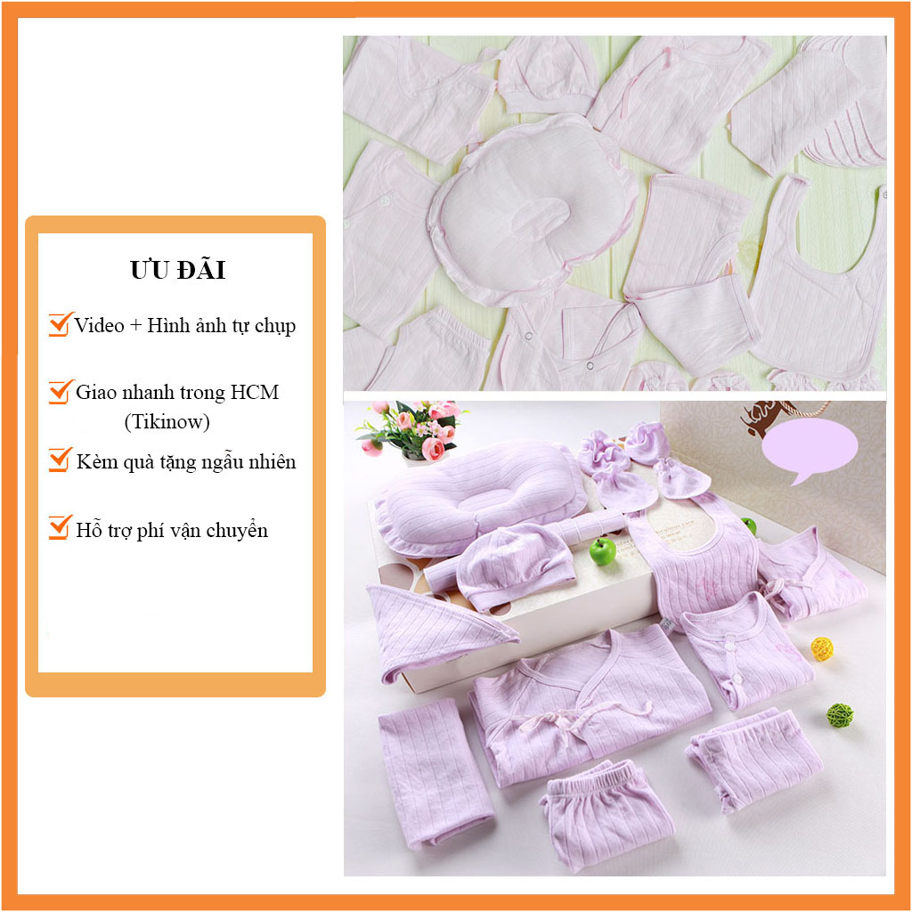 Set đồ sơ sinh cotton 18 chi tiết mùa xuân hè thu cho bé gái màu hồng tím nhạt (3 bộ bồ, 1 yếm choàng lớn, 1 gối, 1 yếm tròn nhỏ, 1 yếm tam giác, 4 khăn sữa, 1 mũ, 1 đôi tất tay, 1 đôi tất chân)