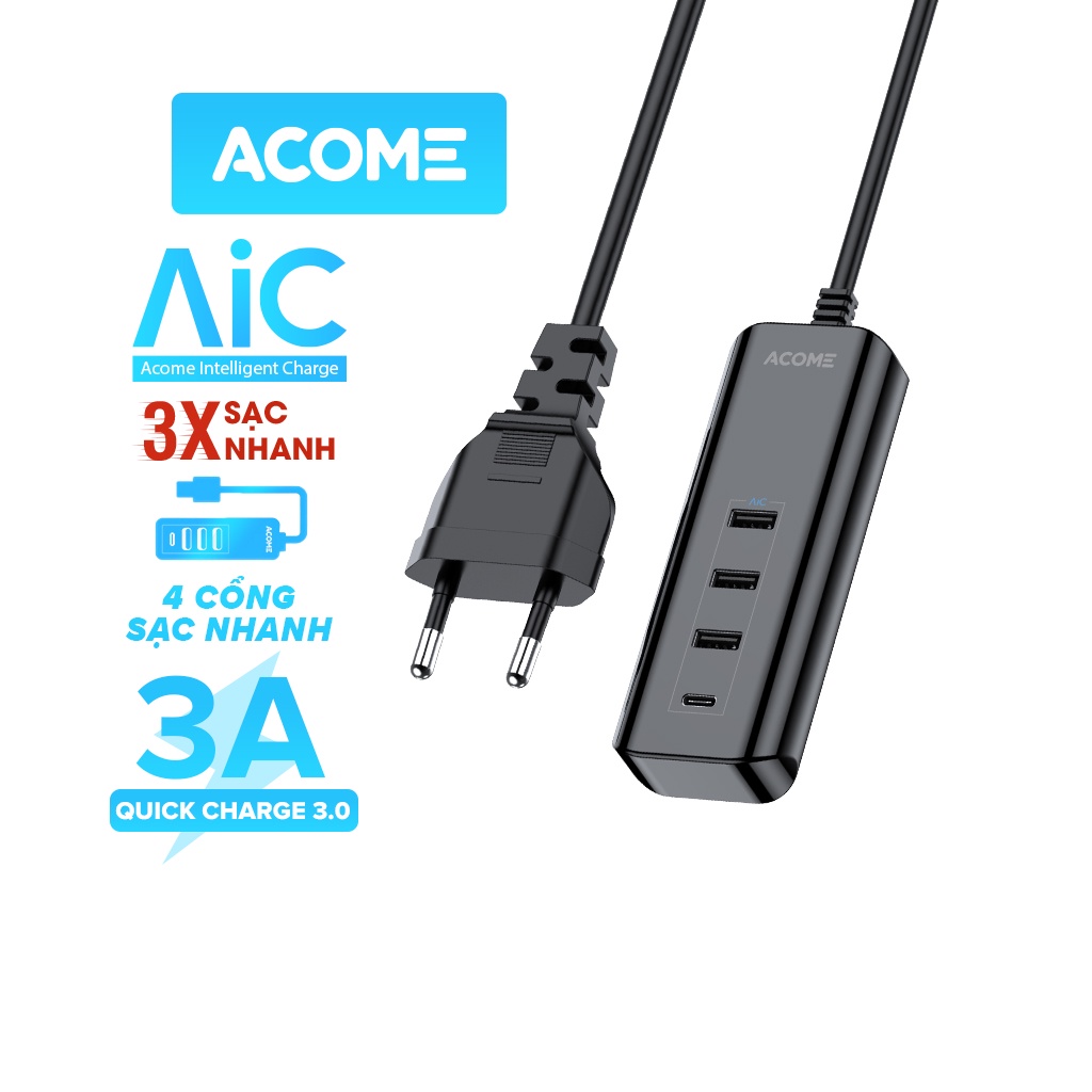 Ổ Cắm Cổng Sạc Nhanh 4 Cổng Sạc Nhỏ Gọn ACOME 3 Ouput USB-A Và 1 OutPut Type C - Hàng Chính Hãng