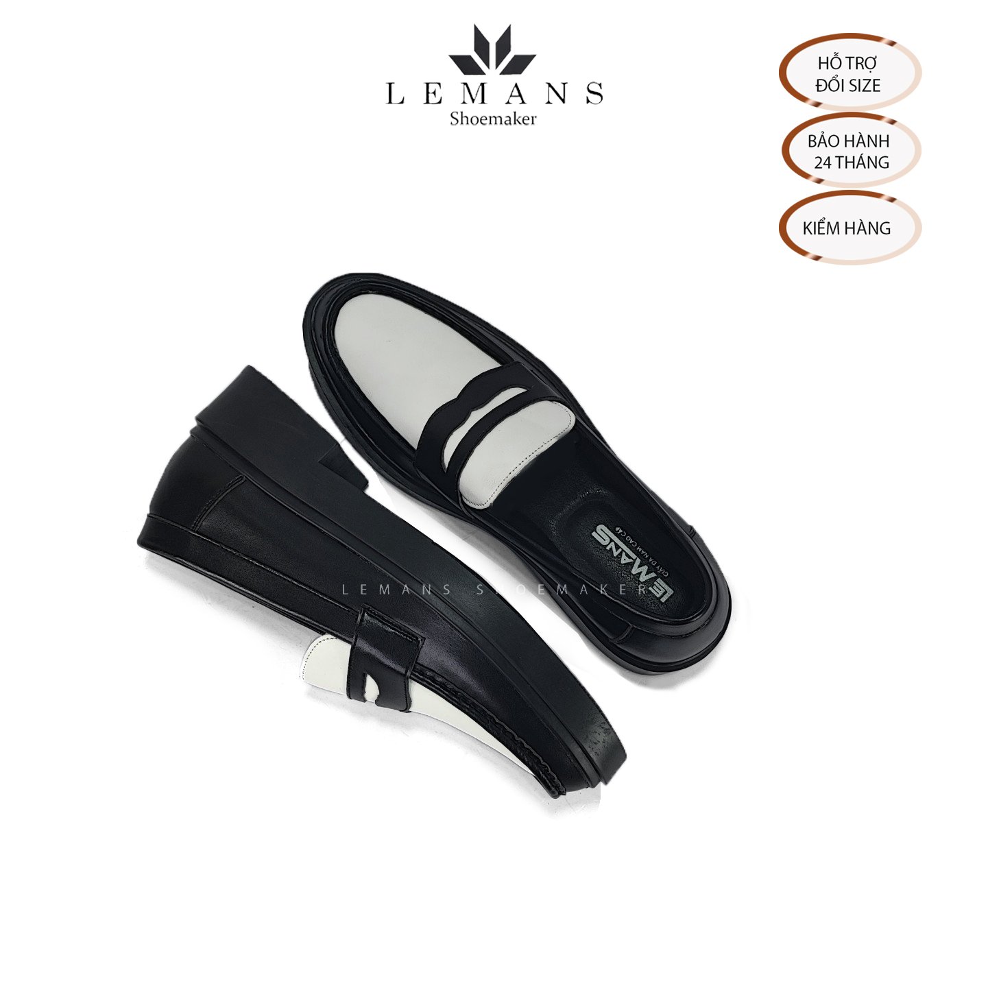 Giày da bò Penny Loafer Black White LEMANS, da bò thuộc nguyên tấm, tăng chiều cao 4cm, bảo hành 24 tháng