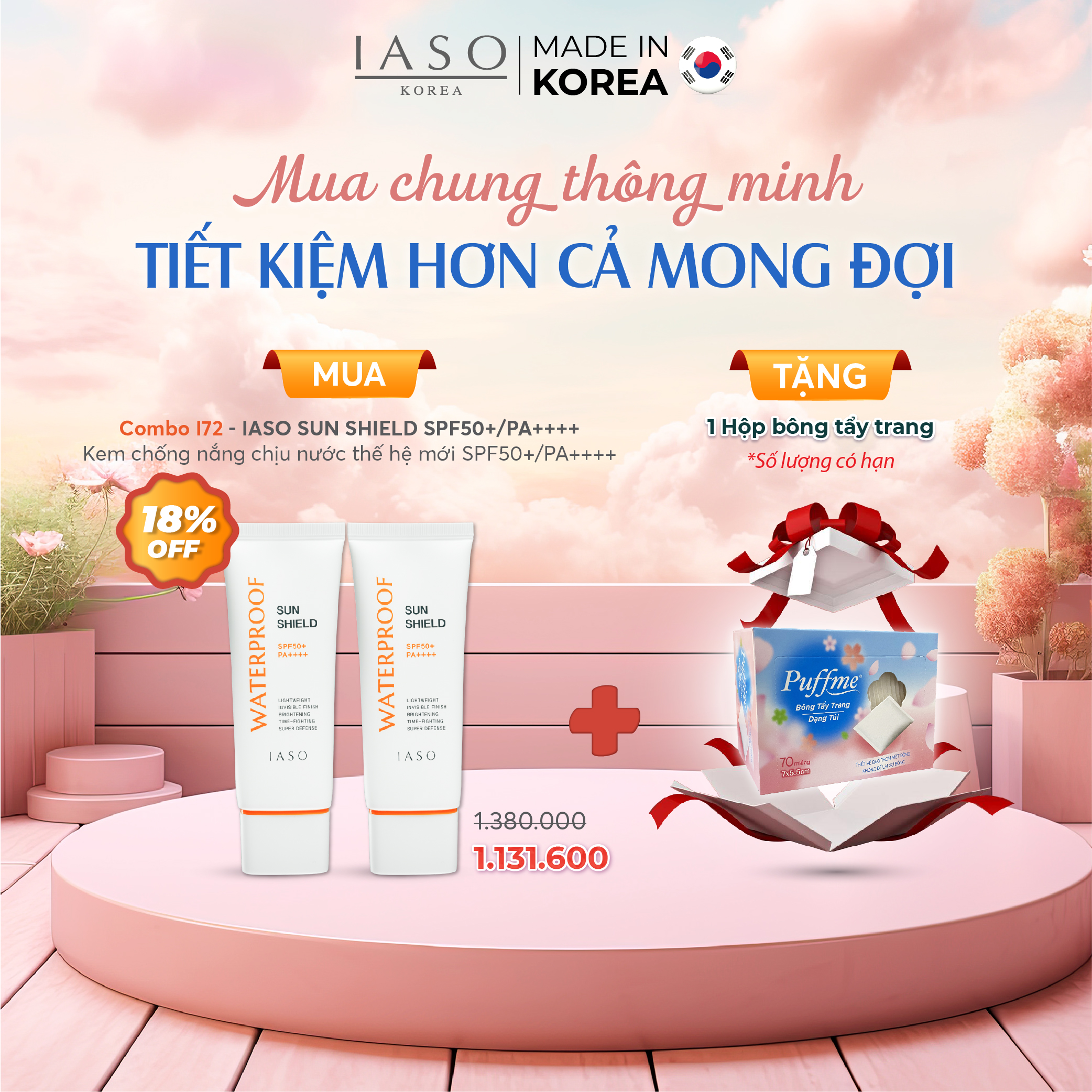 Combo 2 I72 Kem chống nắng chịu nước thế hệ mới SPF50+/PA++++ 70ml