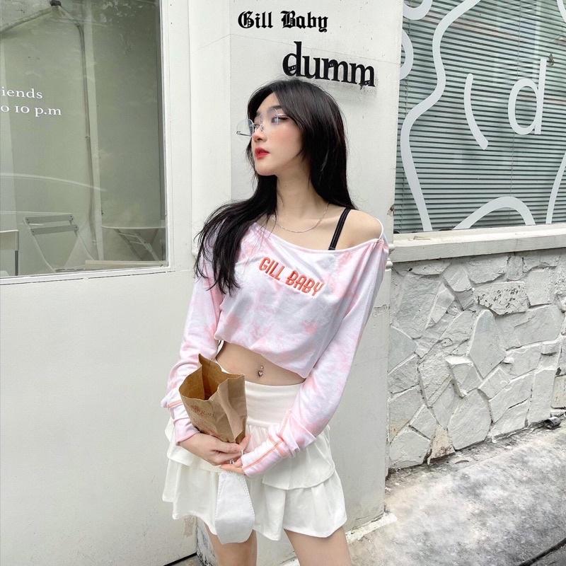 GILL BABY | Áo croptop sweater nỉ da cá loang màu tay dài- MÂY SWEATER