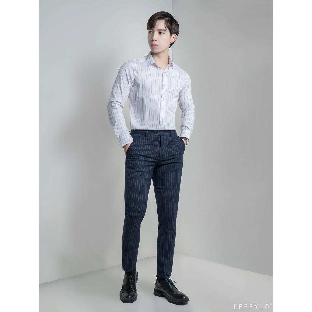 Áo Sơ Mi Nam Họa Tiết Kẻ Sọc Nâu CEFFYLO 2, Vải Cotton Mềm Mịn, Form Chuẩn