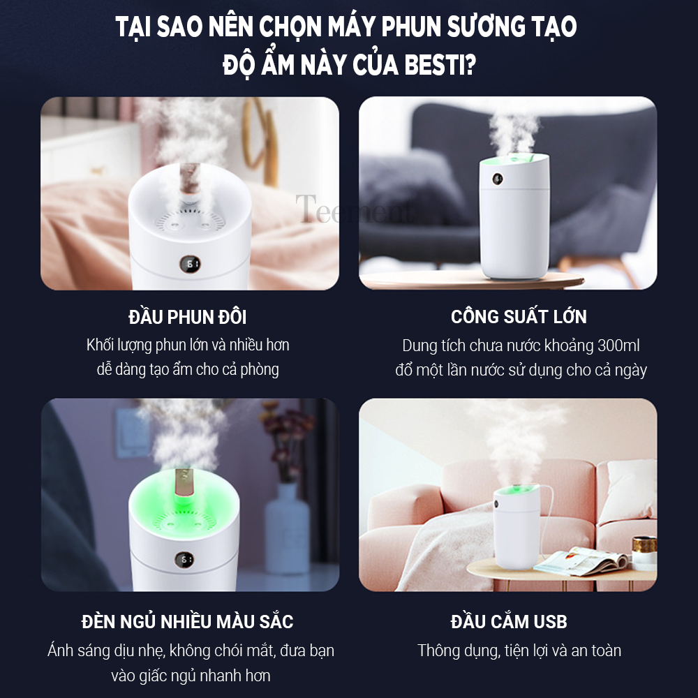 Máy Phun Sương Nano Tạo Ẩm Không Khí TEEMENT, Máy Xông Và Khuyếch Tán Tinh Dầu Dung Tích 3 Lít Với 3 Chế Độ Phun, Tích Hợp Đèn Ngủ Tự Thay Đổi Màu Sắc, Phun Liên Tục 20h Và Tự Ngắt Khi Hết Nước - Hàng Chính Hãng