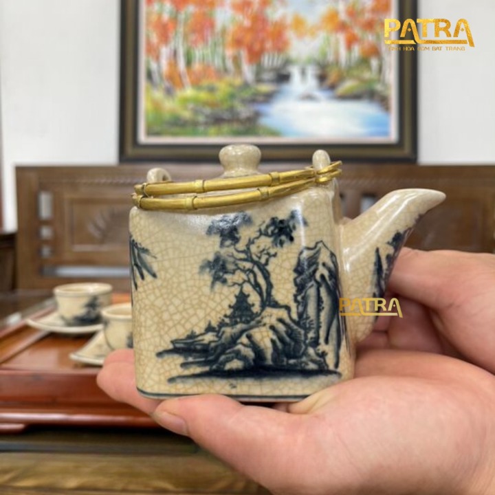 Bộ ấm chén uống trà cao cấp , bộ ấm trà Bát Tràng men rạn 005
