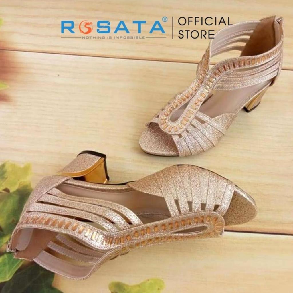 Giày sandal cao gót nữ ROSATA RO172 mũi tròn xỏ ngón phối dây kim tuyến quai kéo gót vuông cao 5cm xuất xứ Việt Nam