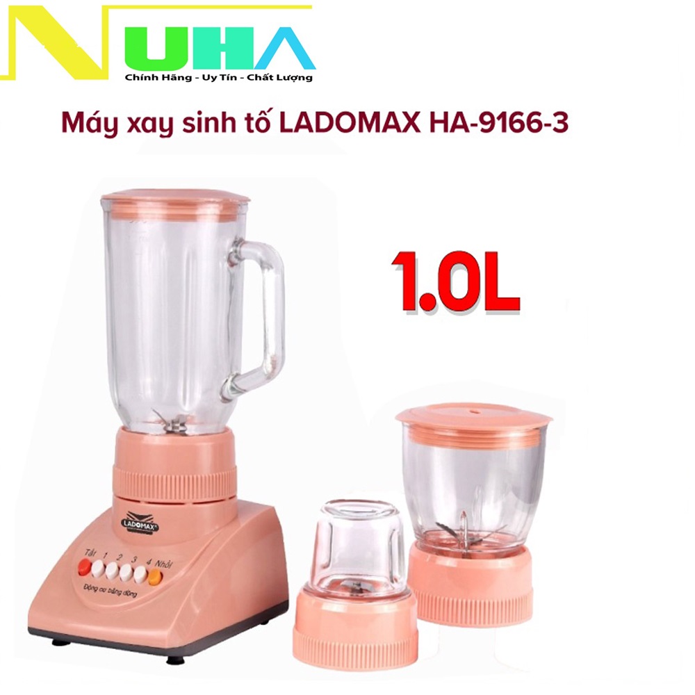 máy xay sinh tố gia đình 3 cối thủy tinh Ladomax Ha9166 cống suất 420W, moto đồng-Hàng chính hãng