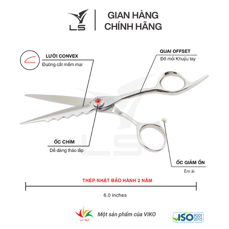 Kéo cắt tóc LS lưỡi thẳng quai offset vênh đỡ ngón cố định FA33/6.0