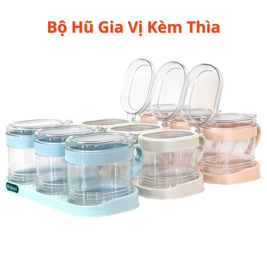 set hũ đựng gia vị HOKORI nhựa trắng trong suốt kèm muỗng