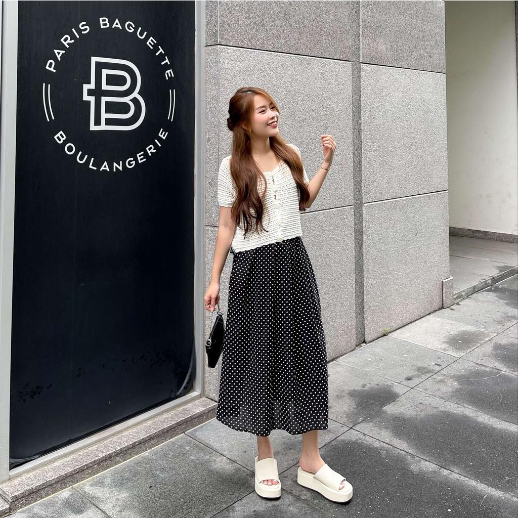 Surichau - Đầm maxi chấm bi xếp ly vải mềm mại freesize hoạ tiết hoa nhí