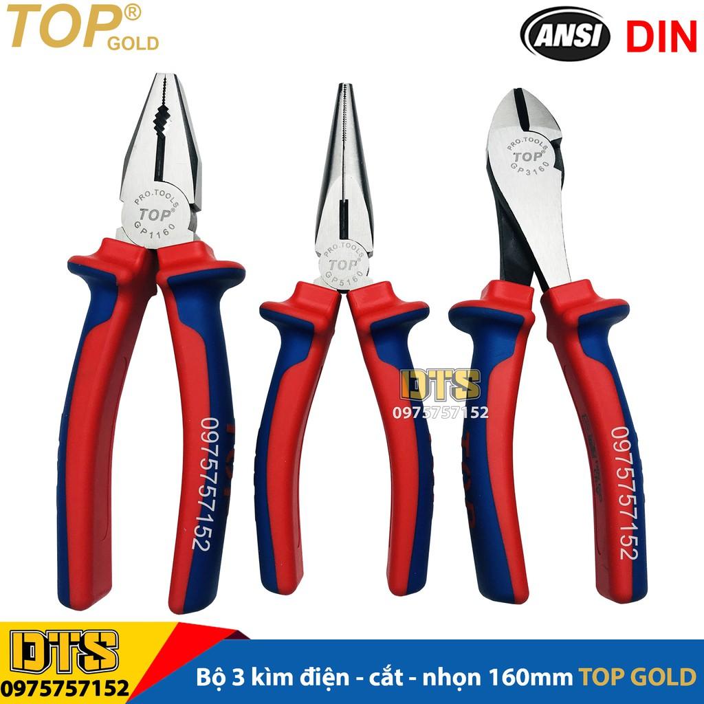 Bộ 3 kìm điện - cắt - nhọn trợ lực chuyên nghiệp TOP GOLD 160mm, thép Hi-Cr cao cấp, thiết kế cộng lực tiết kiệm 50% lực