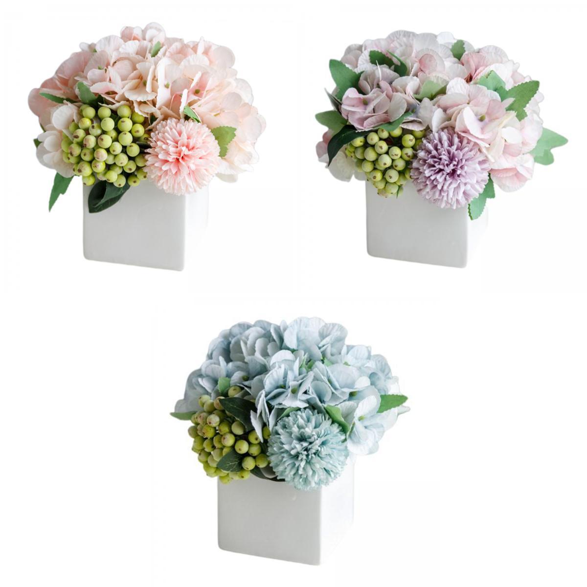 3 Pieces Artificial Silk Flowers in Ceramic Vase Hydrangea for Office Decor