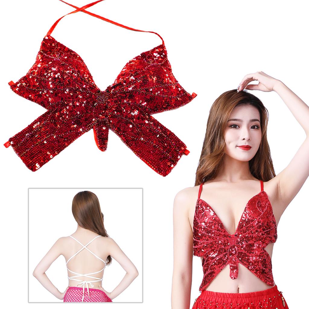 Womens Glitter Belly Dance Bra Sequin Butterfly Halter Crop Top Sexy Latin Sequins Costume Tribal Festival Party Club Wear