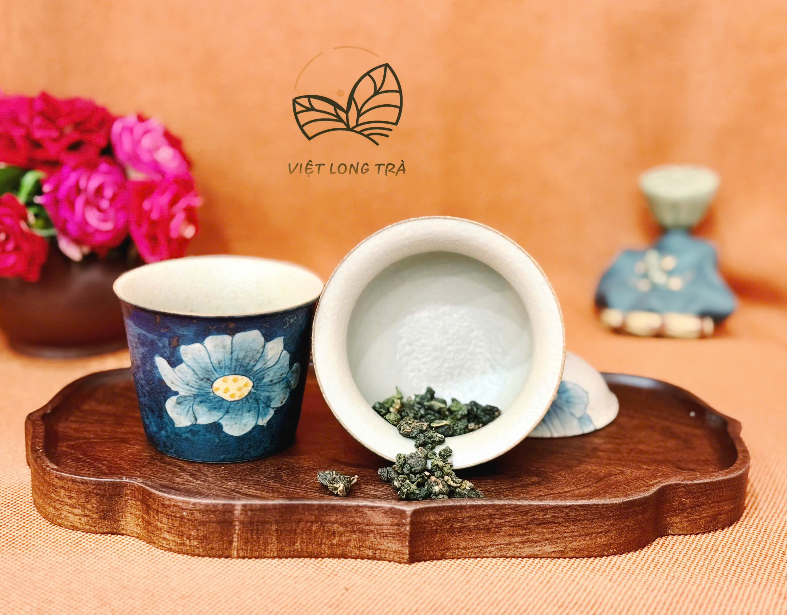 BỘ CHÉN KHẢI GỐM SỨ HOA CÚC VẼ TAY MÀU XANH ĐẬM - BỘ 3 MÓN DU LỊCH TIỆN LỢI