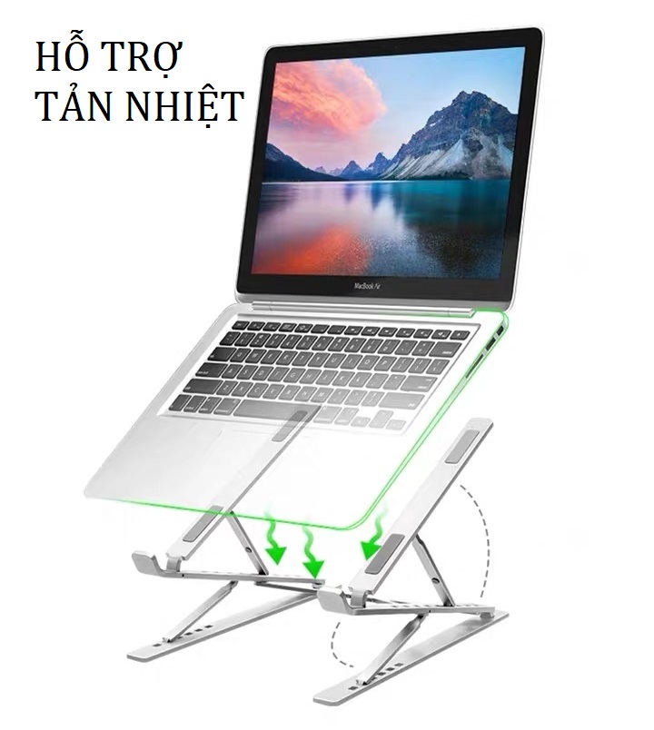 Giá đỡ laptop nhôm màu bạc thiết kế thông minh 2 tầng điều chỉnh độ cao, gấp gọn và tản nhiệt cho Laptop, Surface, Ipad, Macbook