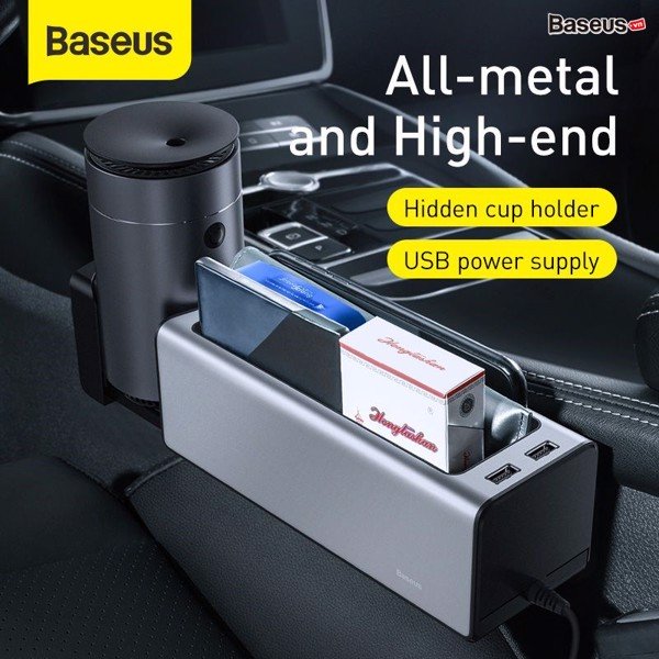 Ngăn chứa đồ tiện dụng tích hợp Dock sạc dùng trên xe hơi Baseus Deluxe Metal Armrest Console Organizer(2 USB charging port, Cup holder for Car)Hàng nhập khẩu