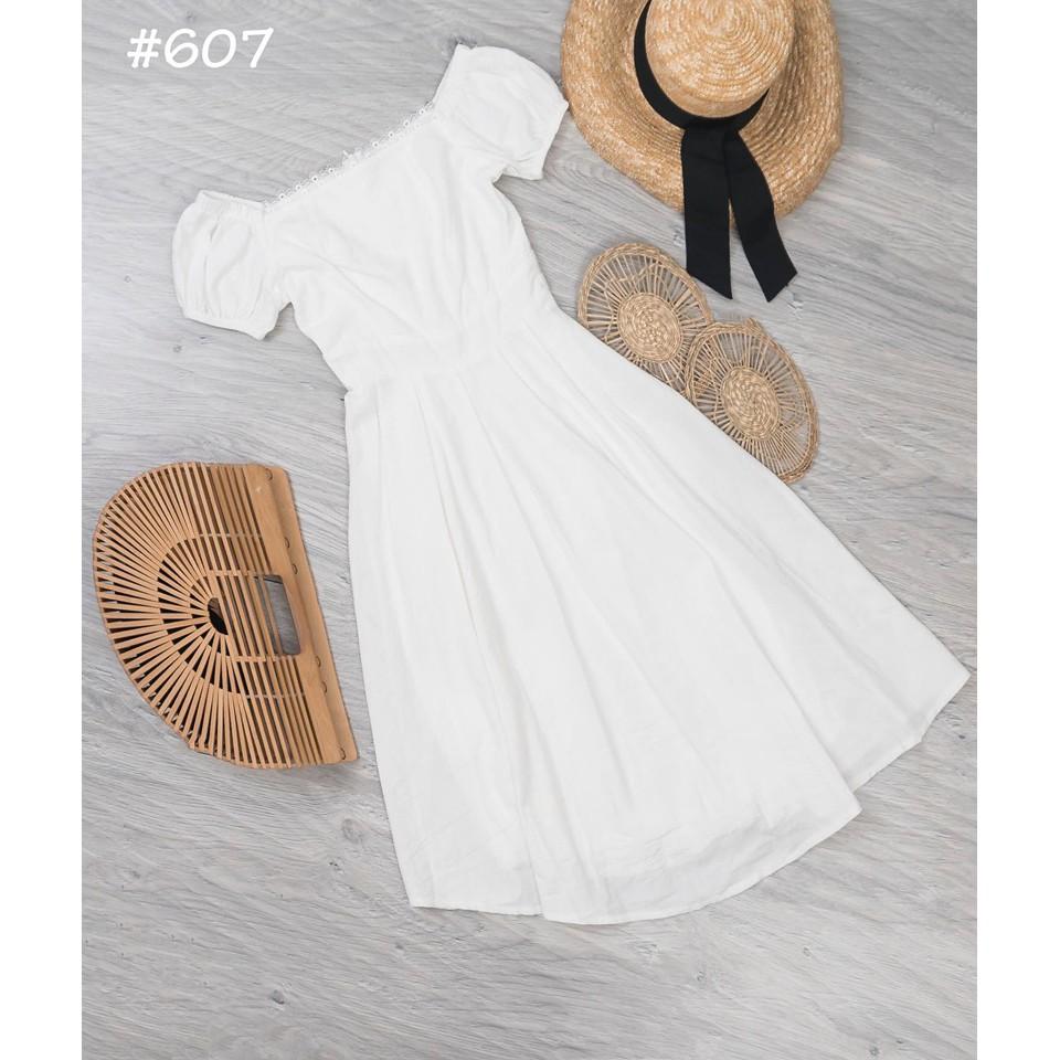 Đầm trắng xòe trễ vai phối ren dễ thương dịu dàng