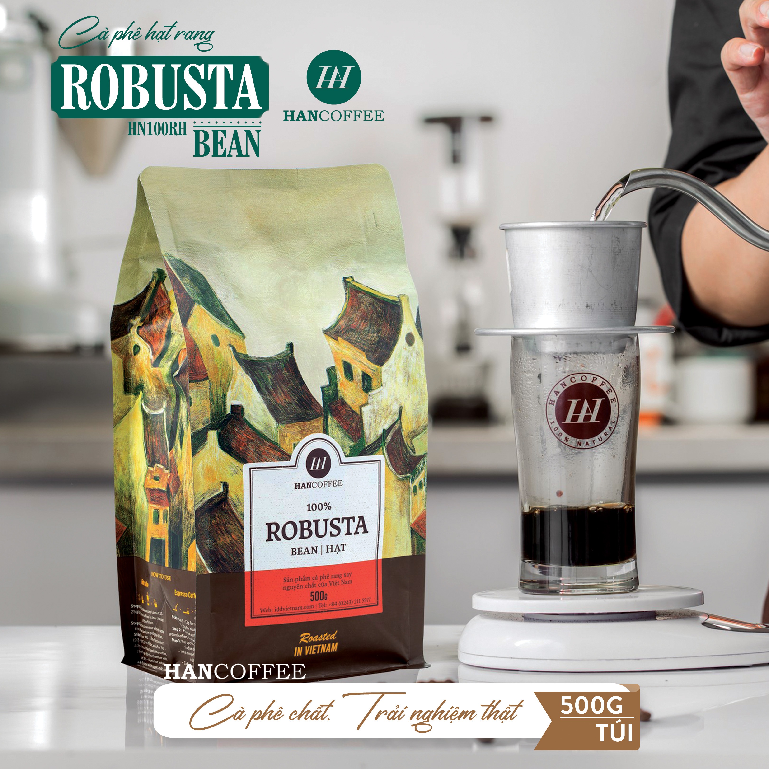 Cà Phê Robusta - Cafe Rang Mộc 100% HANCOFFEE Đắng Vừa, Hậu Ngọt, Dễ Uống Pha Phin, Nguyên Hạt 500g-HN100RB1(RH)