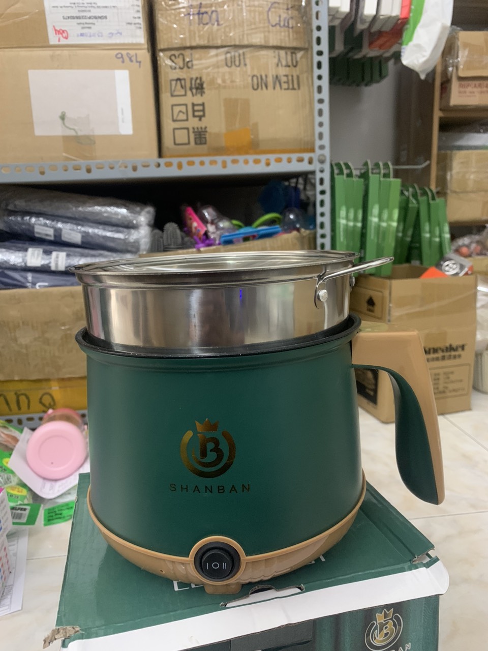 XANH RÊU VĨ NHÔM)- Nồi điện mini 2 tầng đa năng SHANBAN tặng kèm khay hấp - Nồi lẩu chống dính 1,8 lít cho 1-2 người ăn - JL