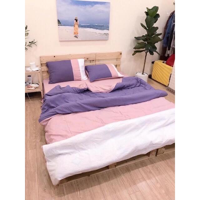 Bộ chăn ga cotton đũi cao cấp nhập khẩu Hàn Quốc pha màu 4 món chất mát lạnh