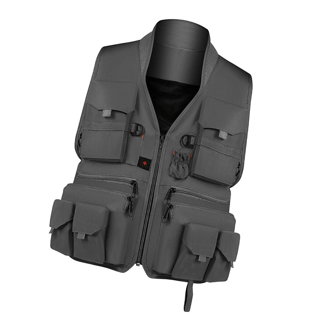 Multi Pocket Photography Hunting Fishing Vest Jacket Waistcoat Gray L