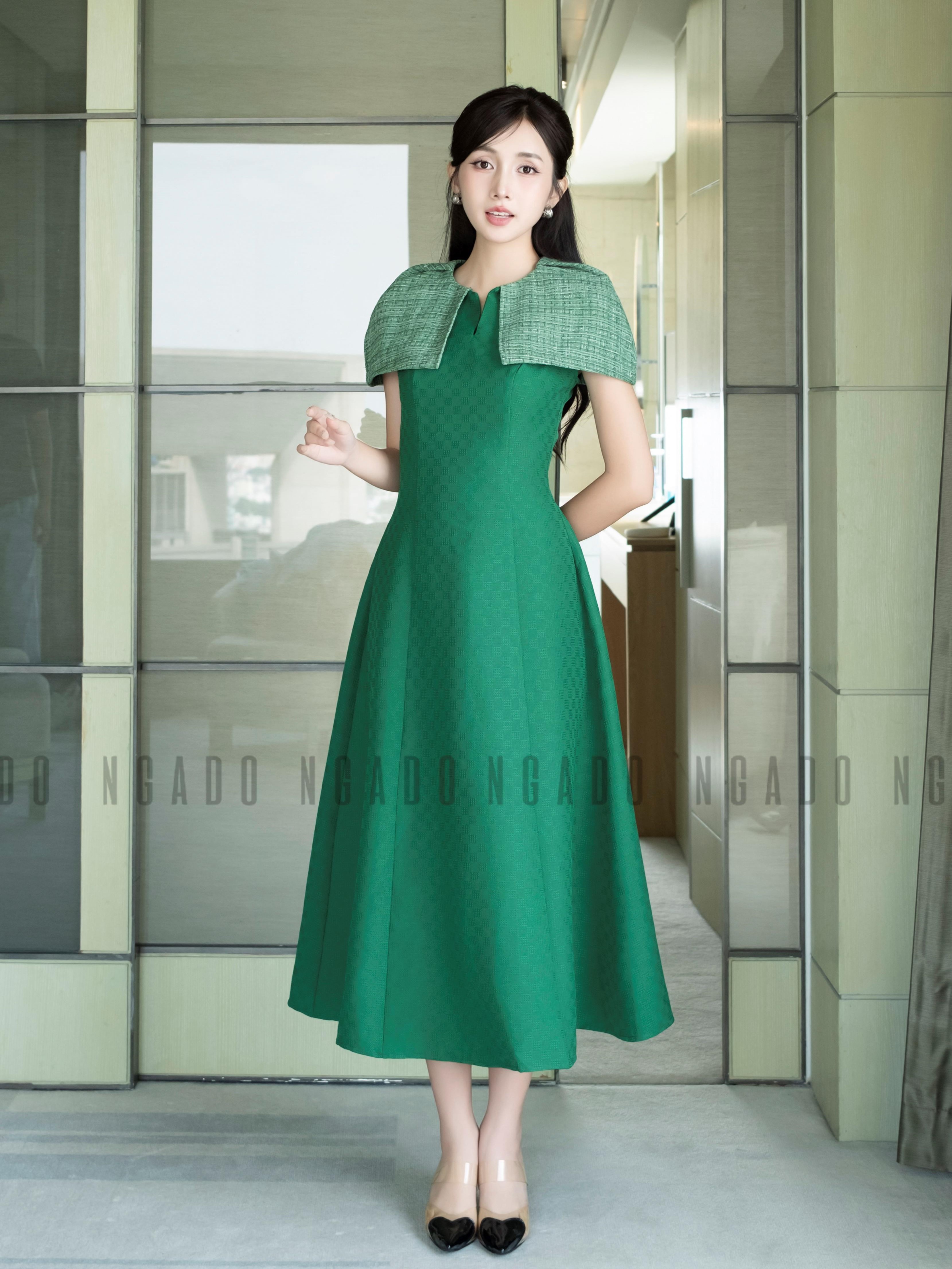 Đầm xanh lá phối tweed NGADO , đầm dự tiệc dáng dài , đầm thiết kế