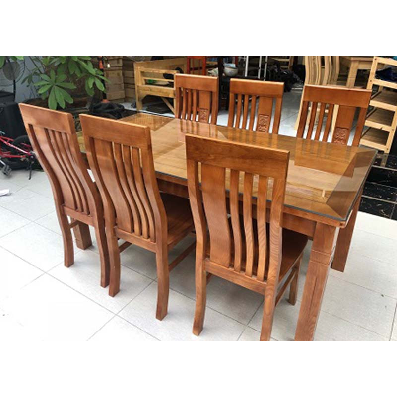 Bộ bàn ghế ăn gỗ sồi 6 ghế mặt liền màu cánh dán