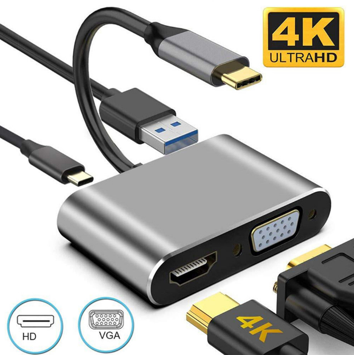 Cáp chuyển đổi từ chân Typec sang HDMI và VGA USB3.0 chất lượng 4K cho macbook điện thoại kết nối với tivi máy chiếu hỗ trợ DEX cáp typec to HDMI+VGA hub chuyển đổi usb type-C