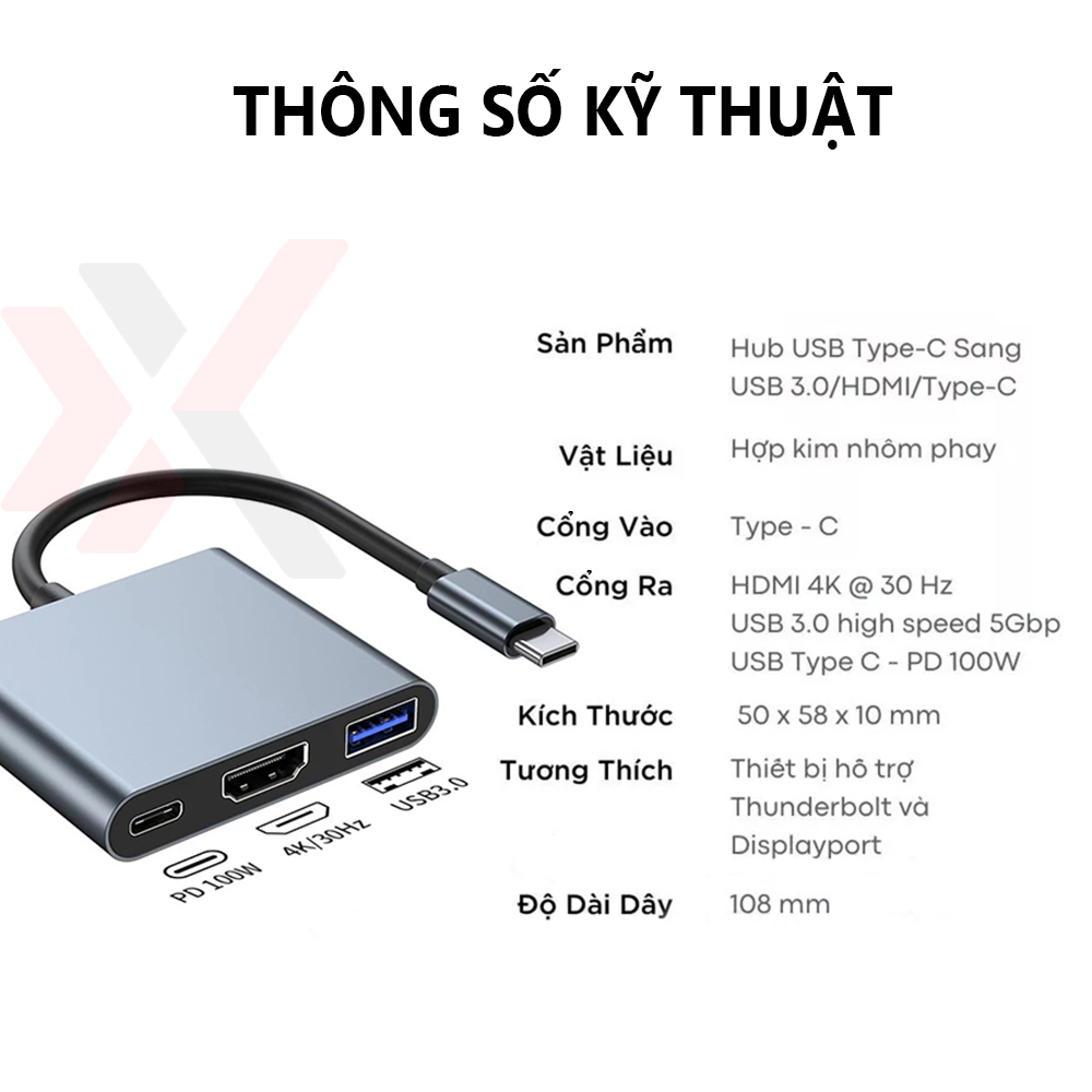 Bộ Chuyển Đổi eXtreme HL3101 Mở Rộng HUB Type-C Sang HDMI USB 3.0 và Type-C Tương Thích Macbook Window - Hợp Kim Nhôm - Hàng chính hãng