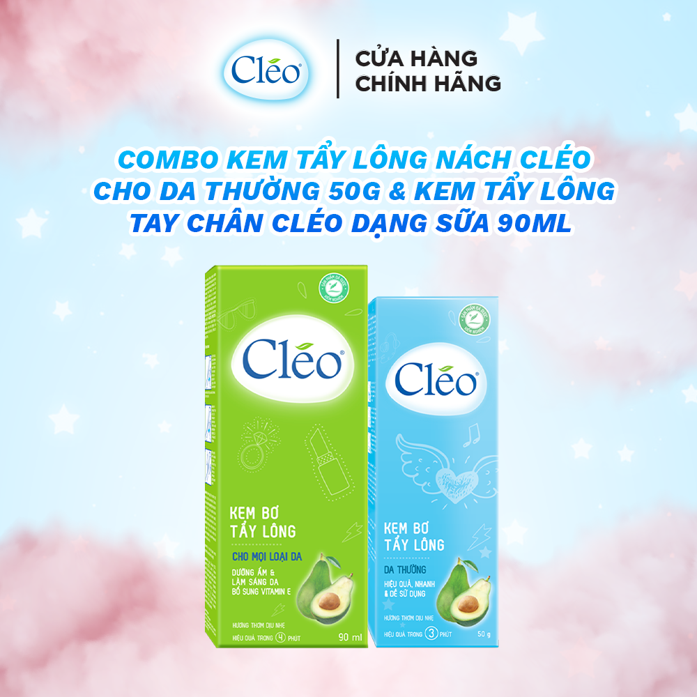 Combo tẩy lông nách Cléo cho da thường chiết xuất bơ 50g và tẩy lông chân tay Cléo an toàn trong 4 phút 90ml