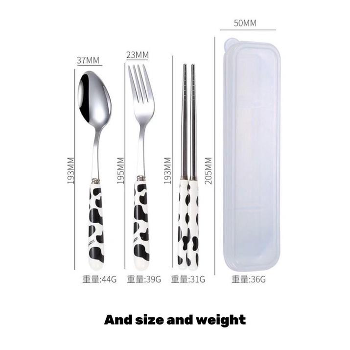 Bộ đũa thìa inox cá nhân hoạ tiết bò sữa dễ thương - Set 3 thìa đũa muỗng văn phòng, dã ngoại, du lịch
