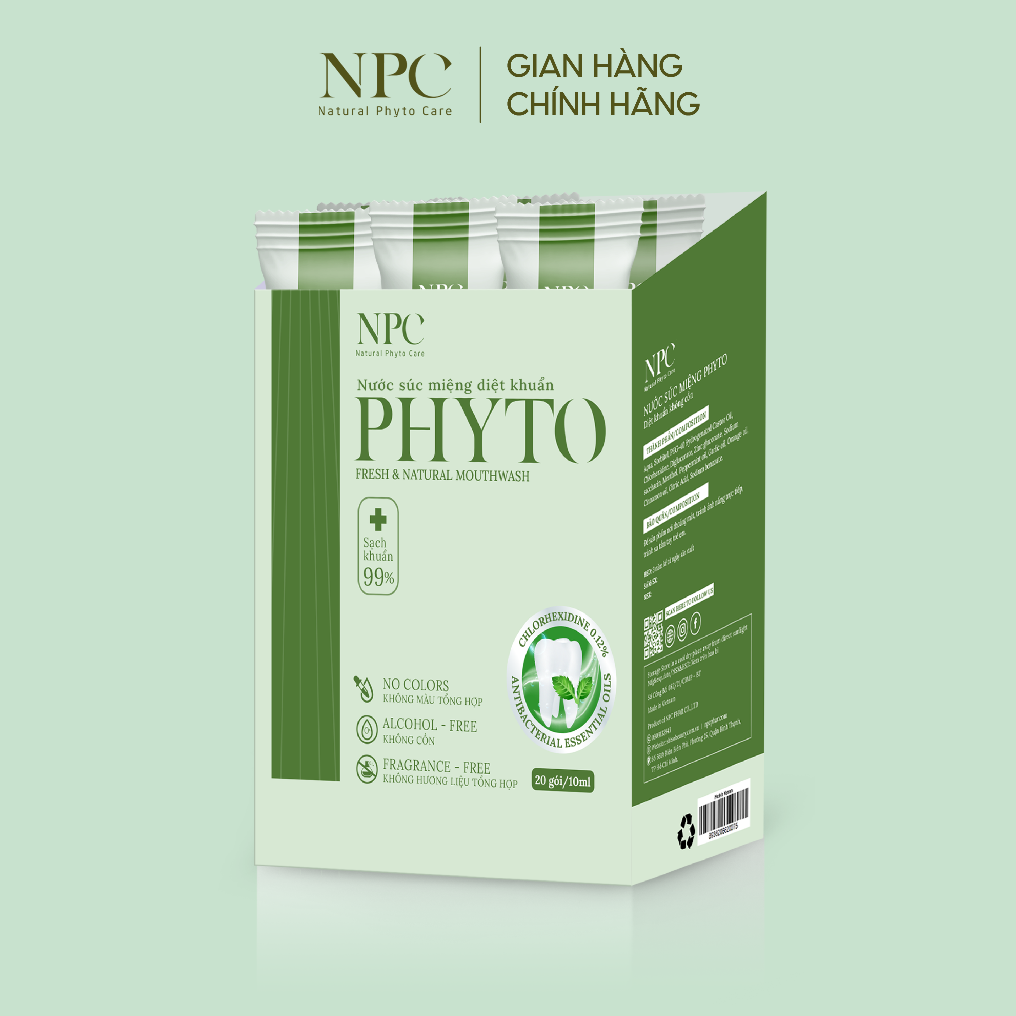 Nước súc miệng Phyto làm sạch khoang miệng 99.9%, tinh dầu thiên nhiên - Hộp 20 gói x 10ml/gói