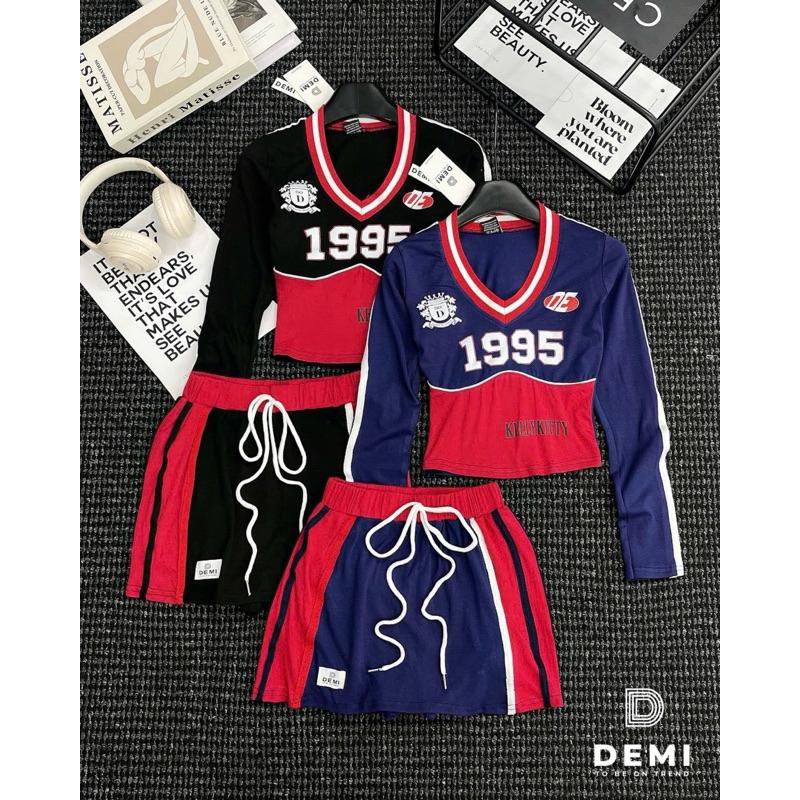 Set áo cổ tim 1995 KellyKitty tay sọc chân váy phối De