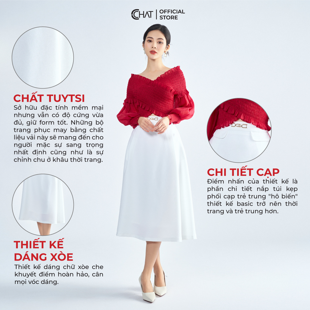 Chân Váy Kiểu Dáng Xòe Nắp Túi Liền Cạp Chất Liệu Tuytsi Cao Cấp 13CDS2002XT