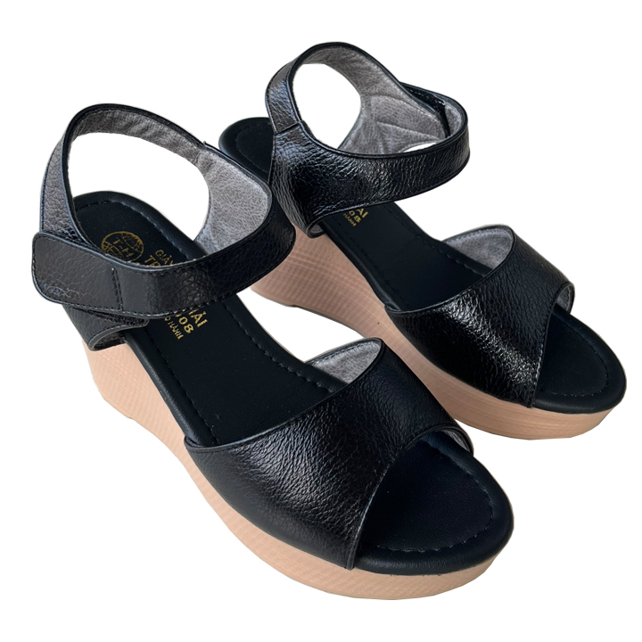 Giày sandal nữ Đế xuồng cao 9cm da bò Màu đen Trường Hải DX145 FORM NHỎ HƠN 1 SIZE