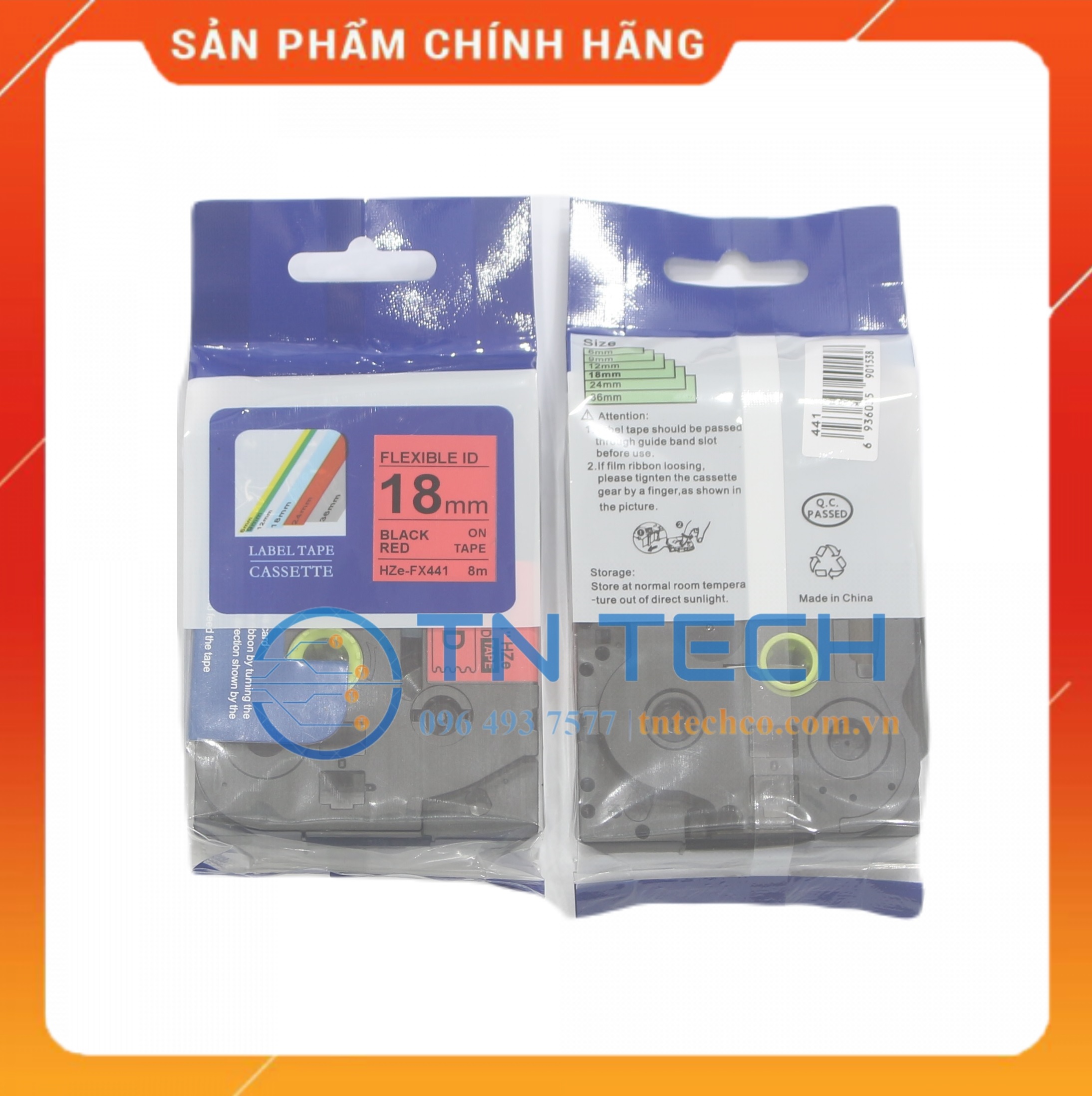 Nhãn In HZE-441 - Đen nền đỏ 18mm x 8m - Dùng cho máy in BROTHER - AIMO - PUTY [Hàng nhập khẩu]