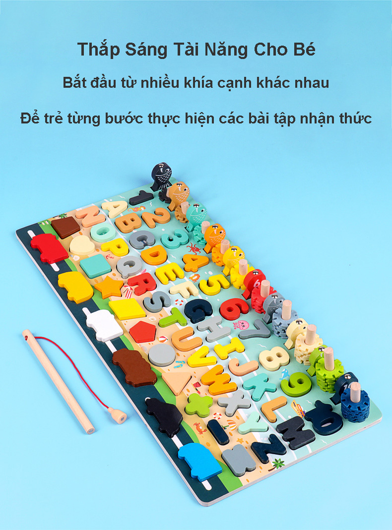 Đồ Chơi Gỗ, Bảng Gỗ Thông Minh 6IN1 Đồ Chơi Giúp Bé Phát Triển Trí Não Giáo Dục Theo Phương Pháp Montessori - Tặng Kèm 01 Tranh Ghép Bằng Gỗ