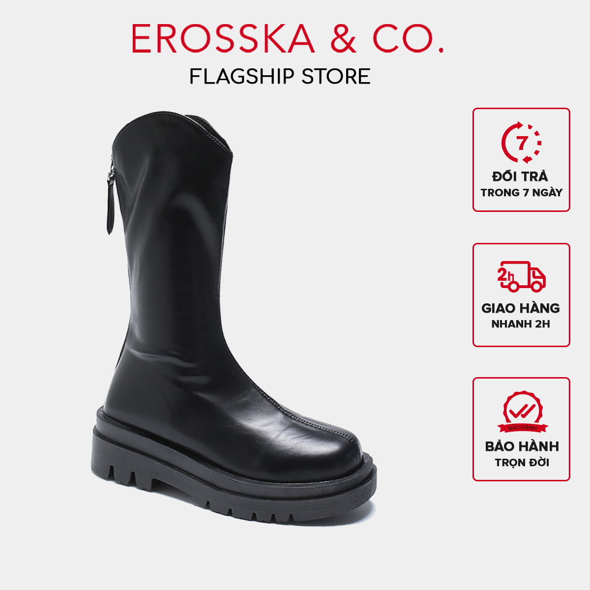 Erosska - Giày boot cổ cao mũi tròn có khoá kéo phong cách cá tính cao 5cm - GB009