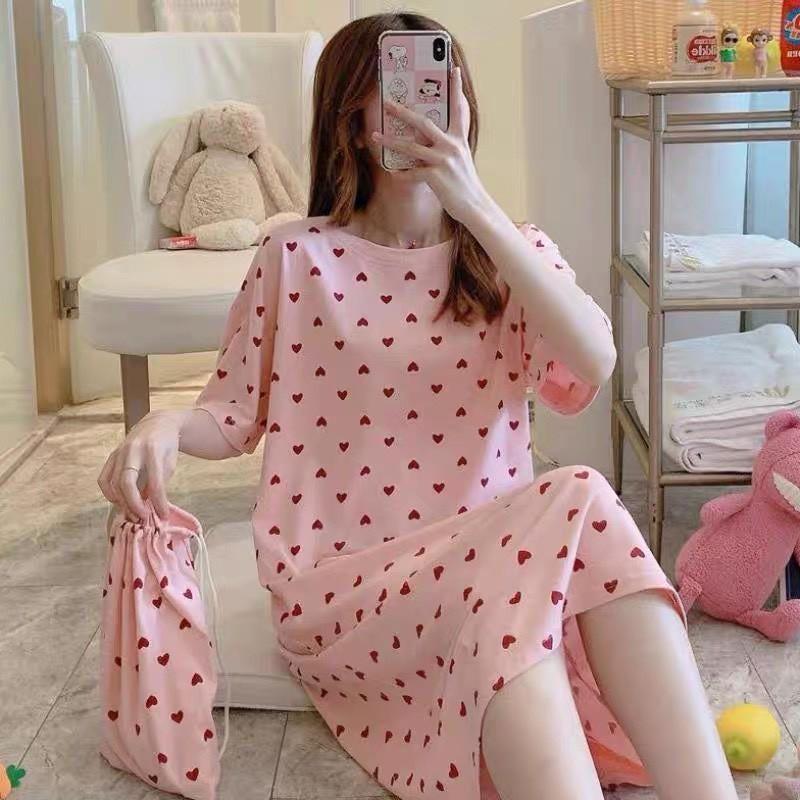 Váy ngủ cộc tay dáng suông đầm ngủ chất thun sữa mềm họa tiết dễ thương bầu bí bon chen V285