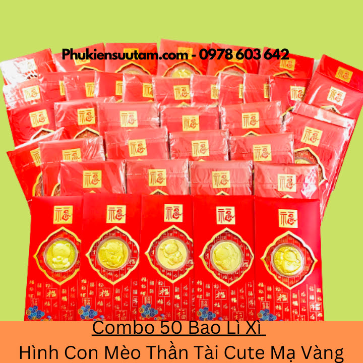 Combo 50 Bao Lì Xì Hình Con Mèo Thần Tài Cute Mạ Vàng, kích thước: 17cmx9cm, màu đỏ - SP005929