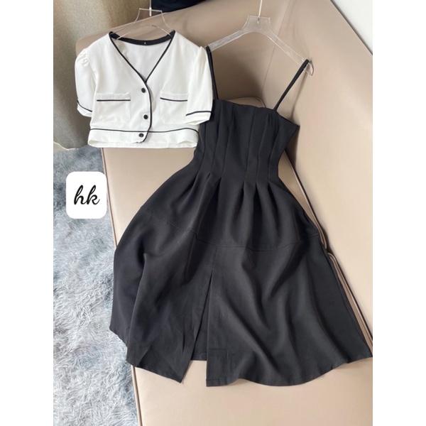 Set váy xẻ+ áo khoác croptop