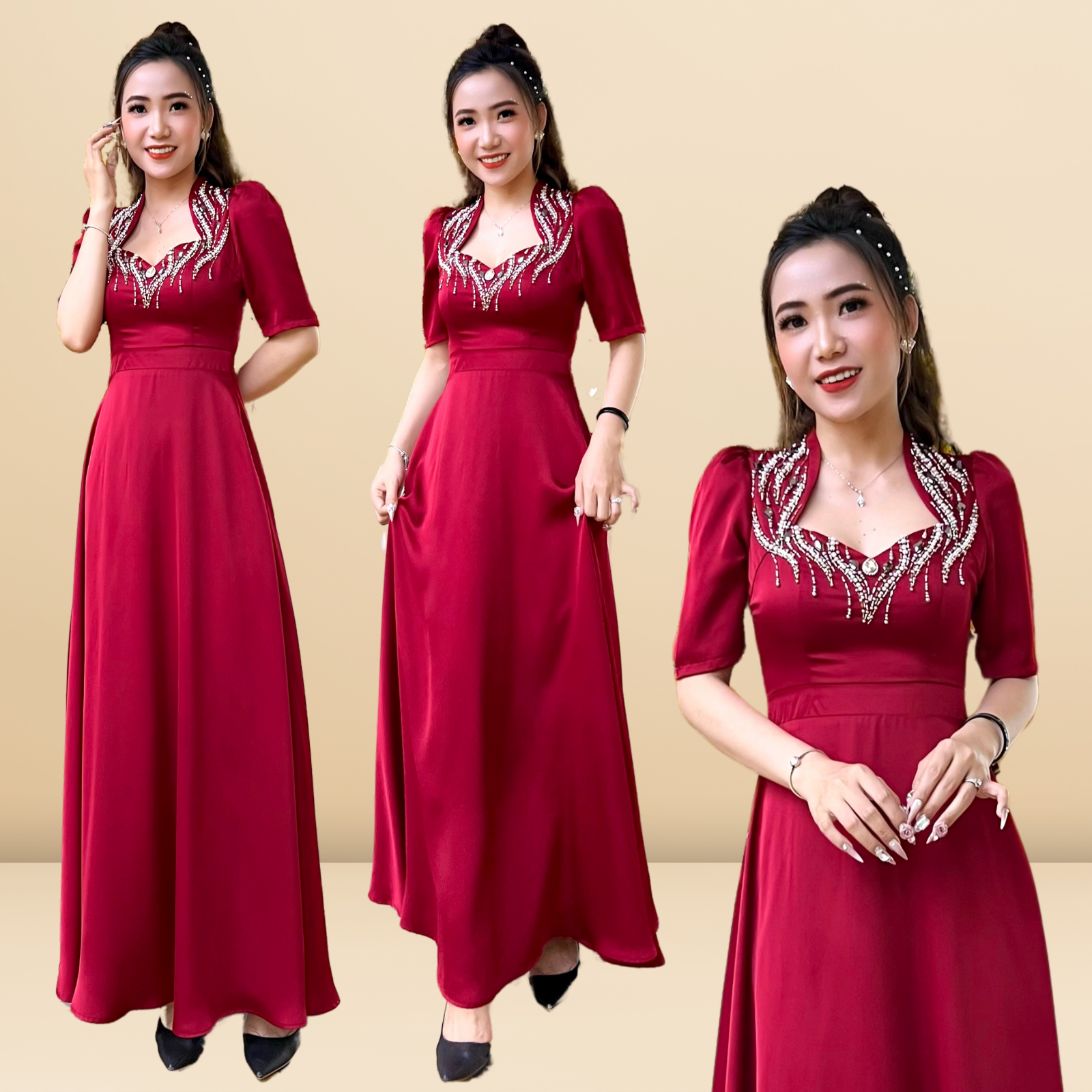 Đầm dạ hội nữ lụa đính đá đi tiệc kết hoa cao cấp Rosaleen Dress Quỳnh Anh Luxury