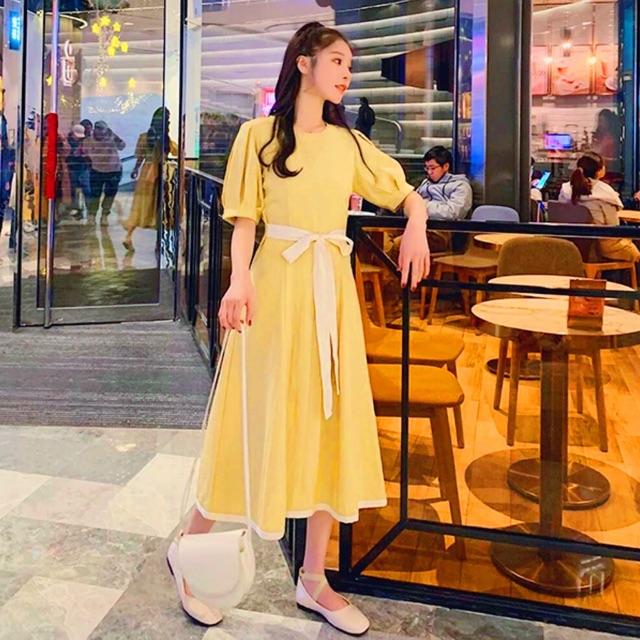 Đầm Suông Dài Vàng Cột Eo Freesize