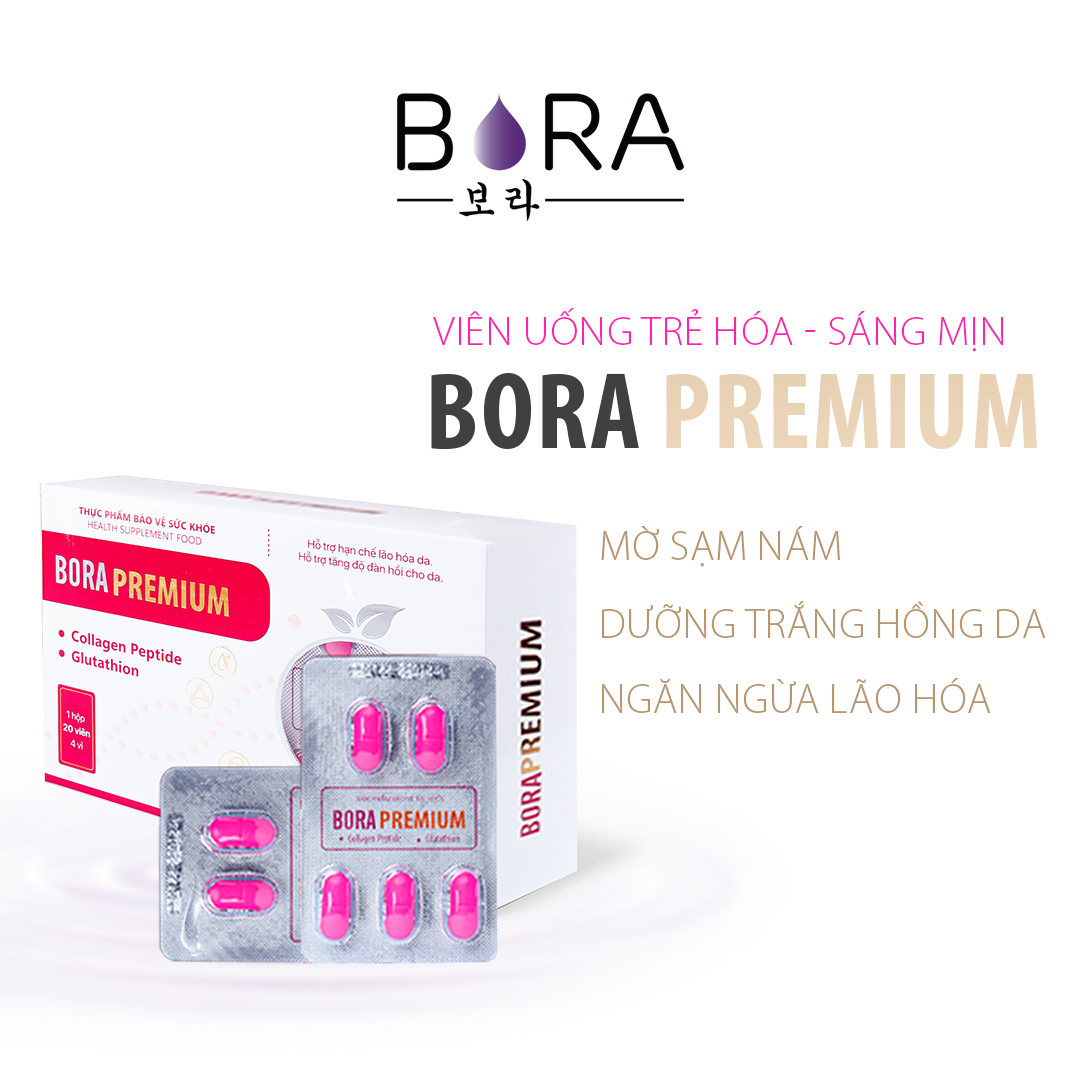 Viên uống trắng da Bora Premium giúp trẻ hóa và sáng mịn làn da hộp 4 vỉ 20 viên